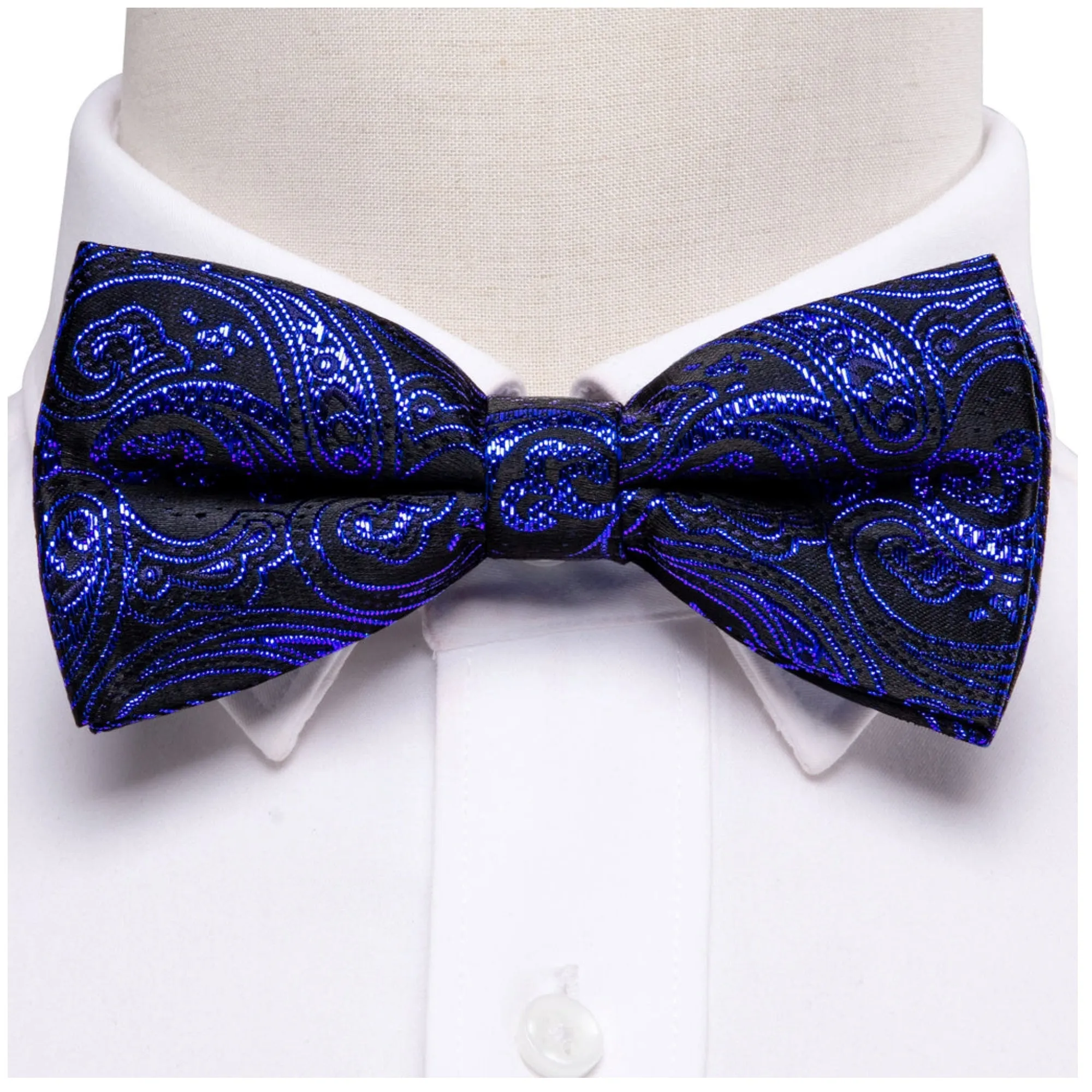 Men's Royal Blue Paisley 100% Silk Pre-Tied adjustable Bow Tie Pocket Square Cufflinks Set