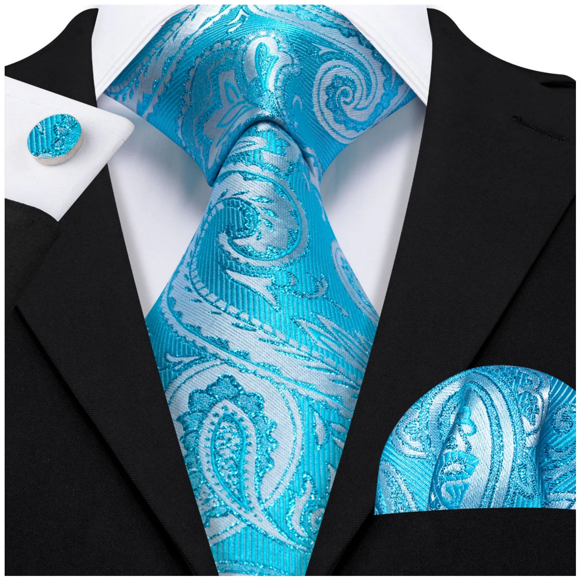 Men's Sky Blue Paisley 100% Silk Neck Tie With Matching Hanky And Cufflinks Set