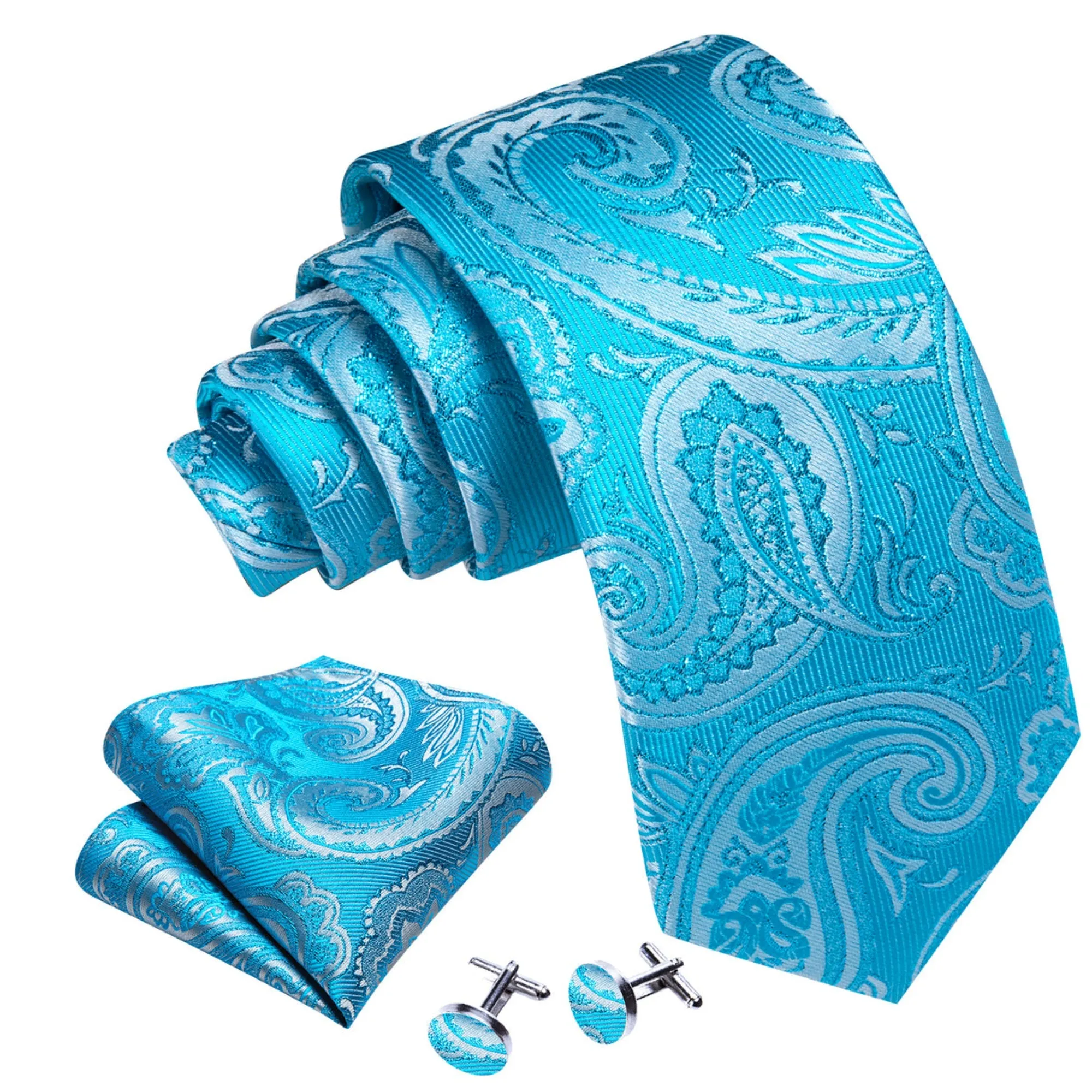 Men's Sky Blue Paisley 100% Silk Neck Tie With Matching Hanky And Cufflinks Set