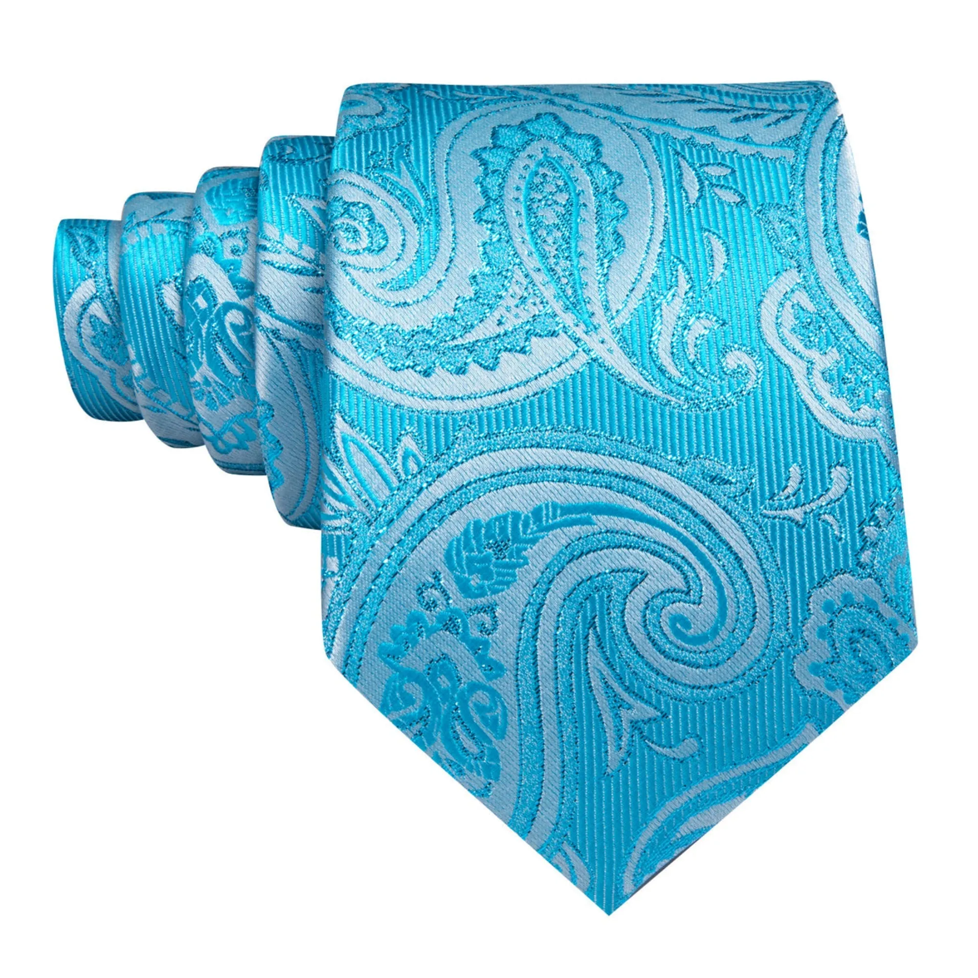 Men's Sky Blue Paisley 100% Silk Neck Tie With Matching Hanky And Cufflinks Set