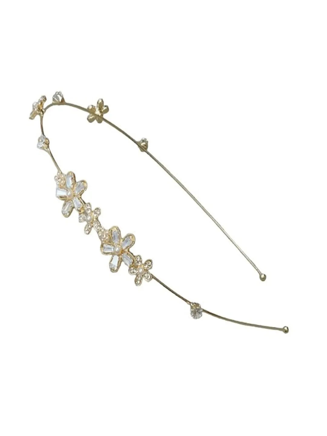 Metallic Hairband and Hair Clip with Pearl & Flower- Pack of 3, Golden and White