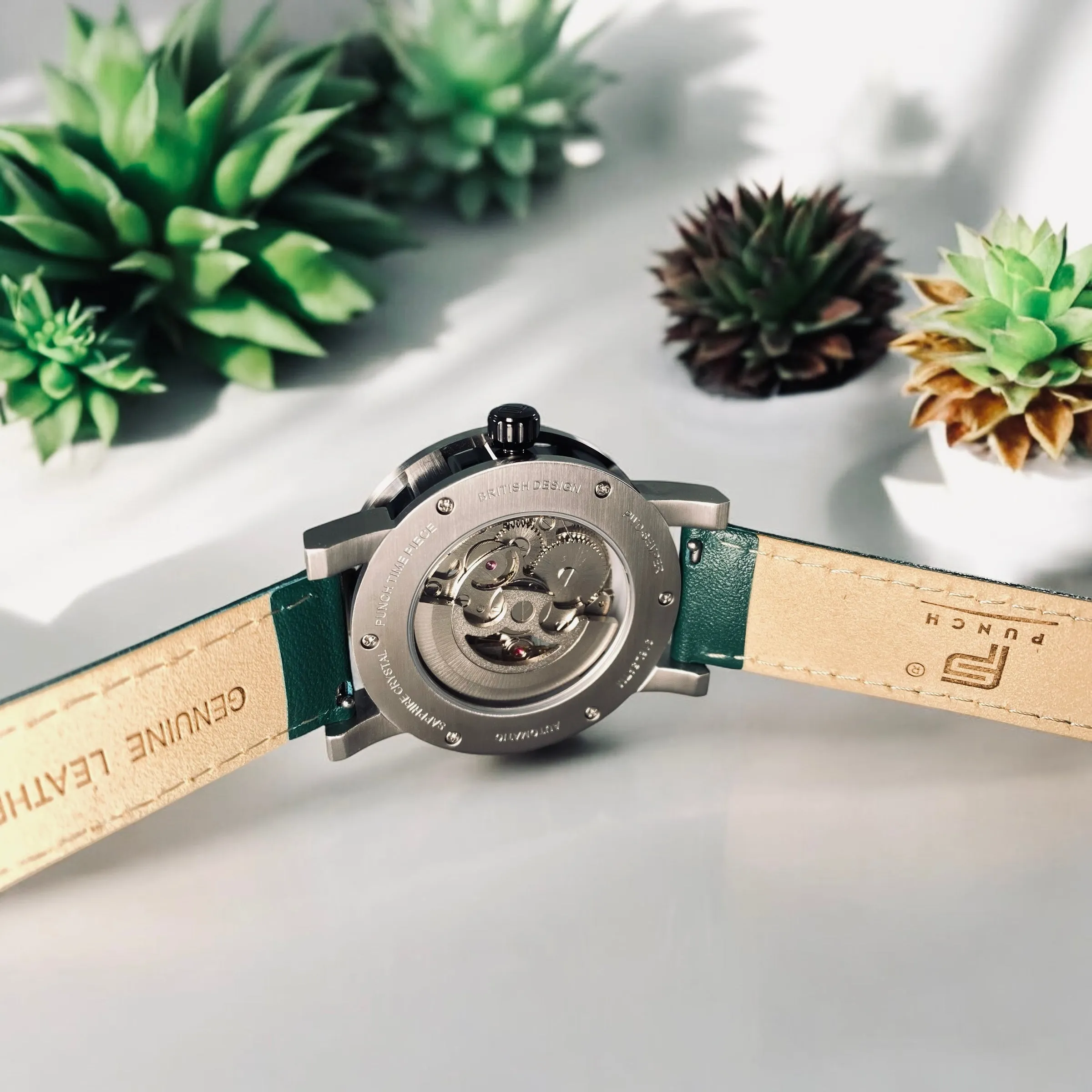 PUNCH Mens Watch, Black & Silver Skeleton Automatic Watch - Green Leather Strap