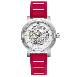 PUNCH Mens Watch, Silver & White Skeleton Automatic Watch - Red Rubber Strap