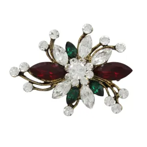 Red Green and Clear Crystals Floral Spray Flower Brooch Pin - PRL607RD