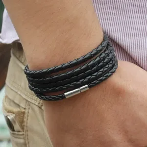 Retro Wrap Long Leather Bracelet - Chain link male charm bracelet with 5 laps