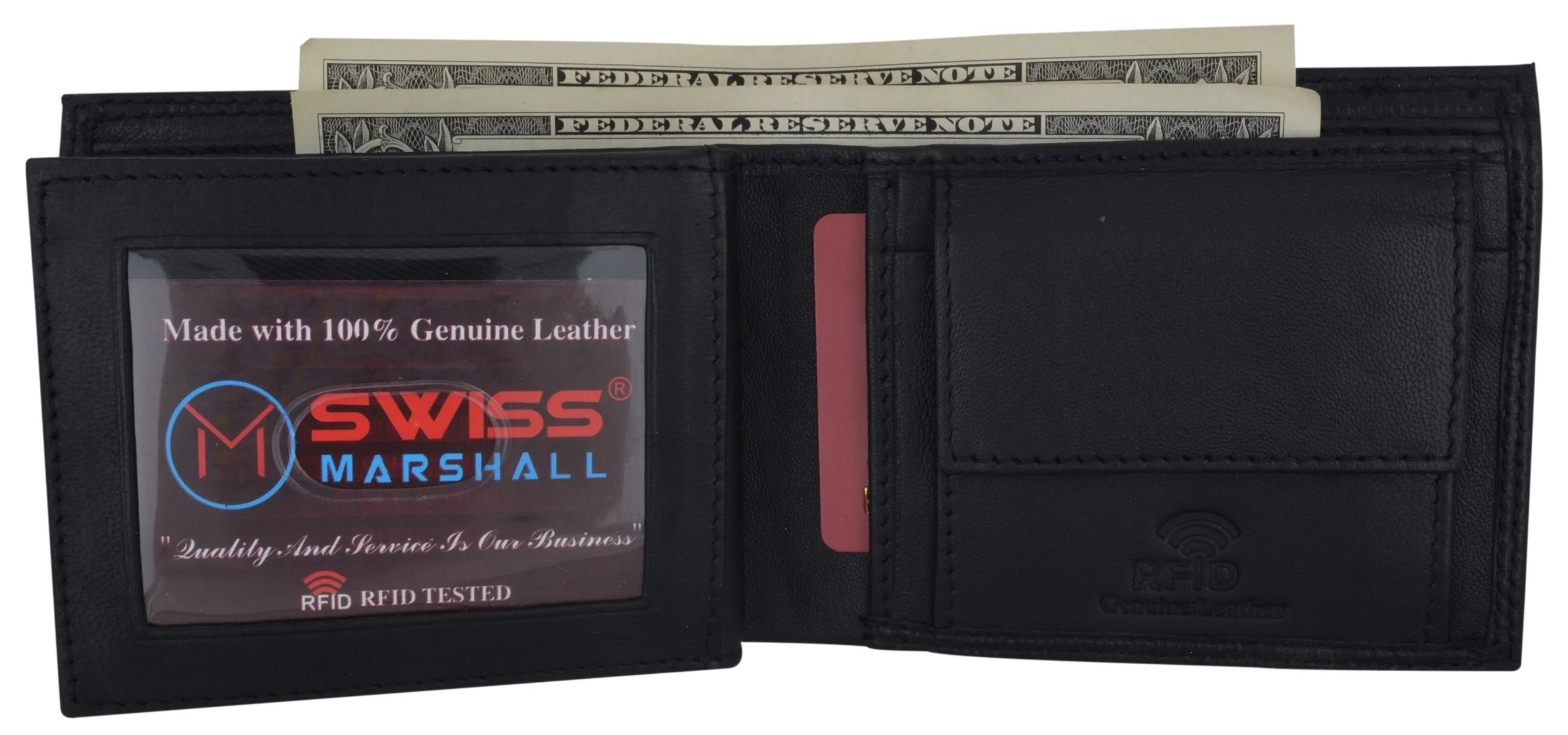 RFID Blocking Men's Bifold Premium Leather Credit Card ID Holder Wallet with Coin Pouch by Swiss Marshall RFID510059