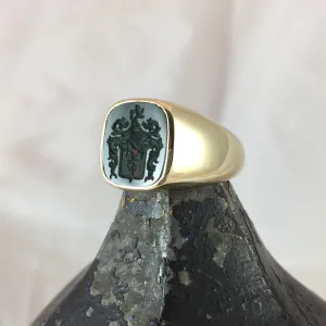 Seal Engraved Bloodstone Custom Made 14mm x 13mm  -  9 Carat Yellow Gold Signet Ring