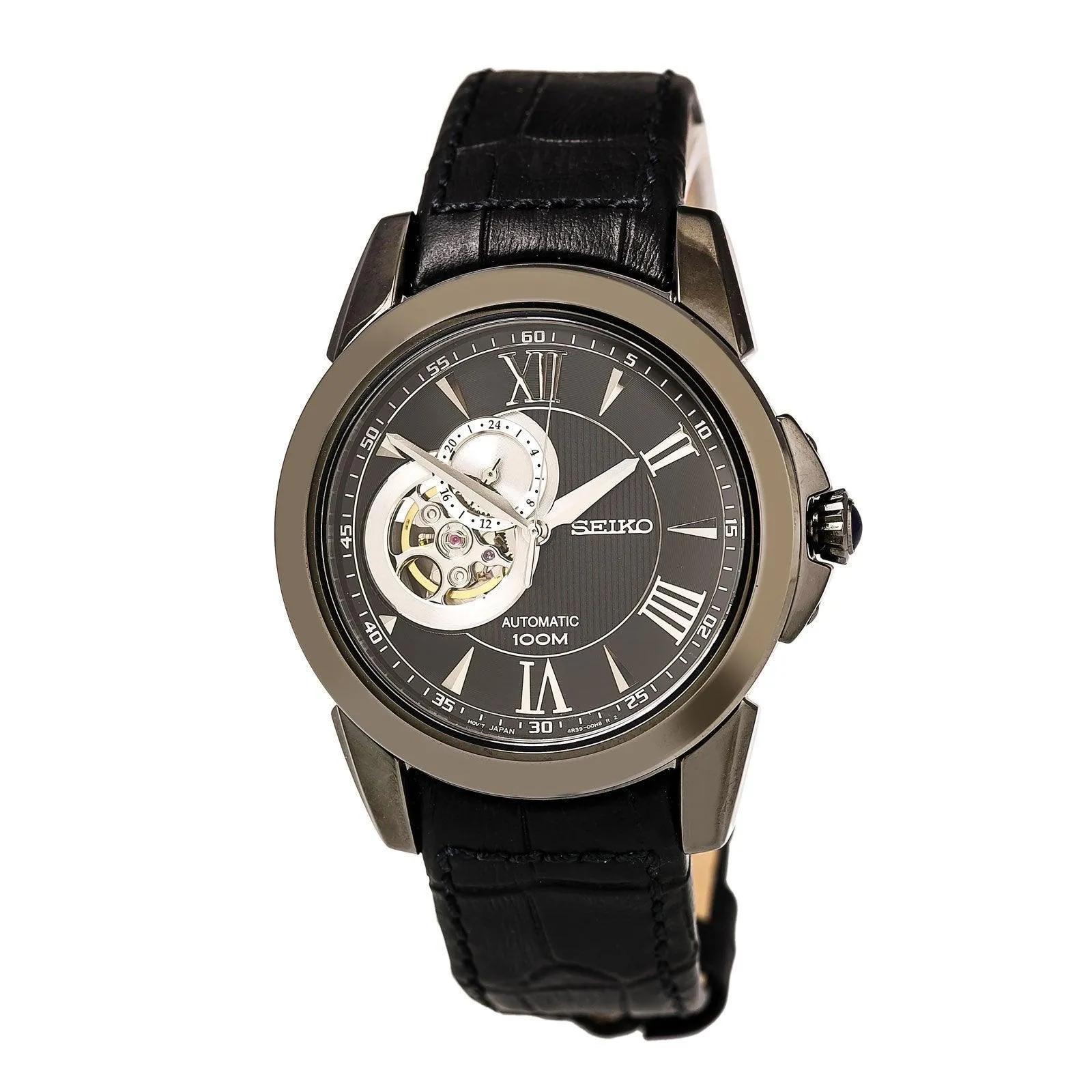 Seiko SSA243 Men's Le Grand Sport Black Semi-Skeleton Dial Black Leather Strap Power Reserve Automatic Watch