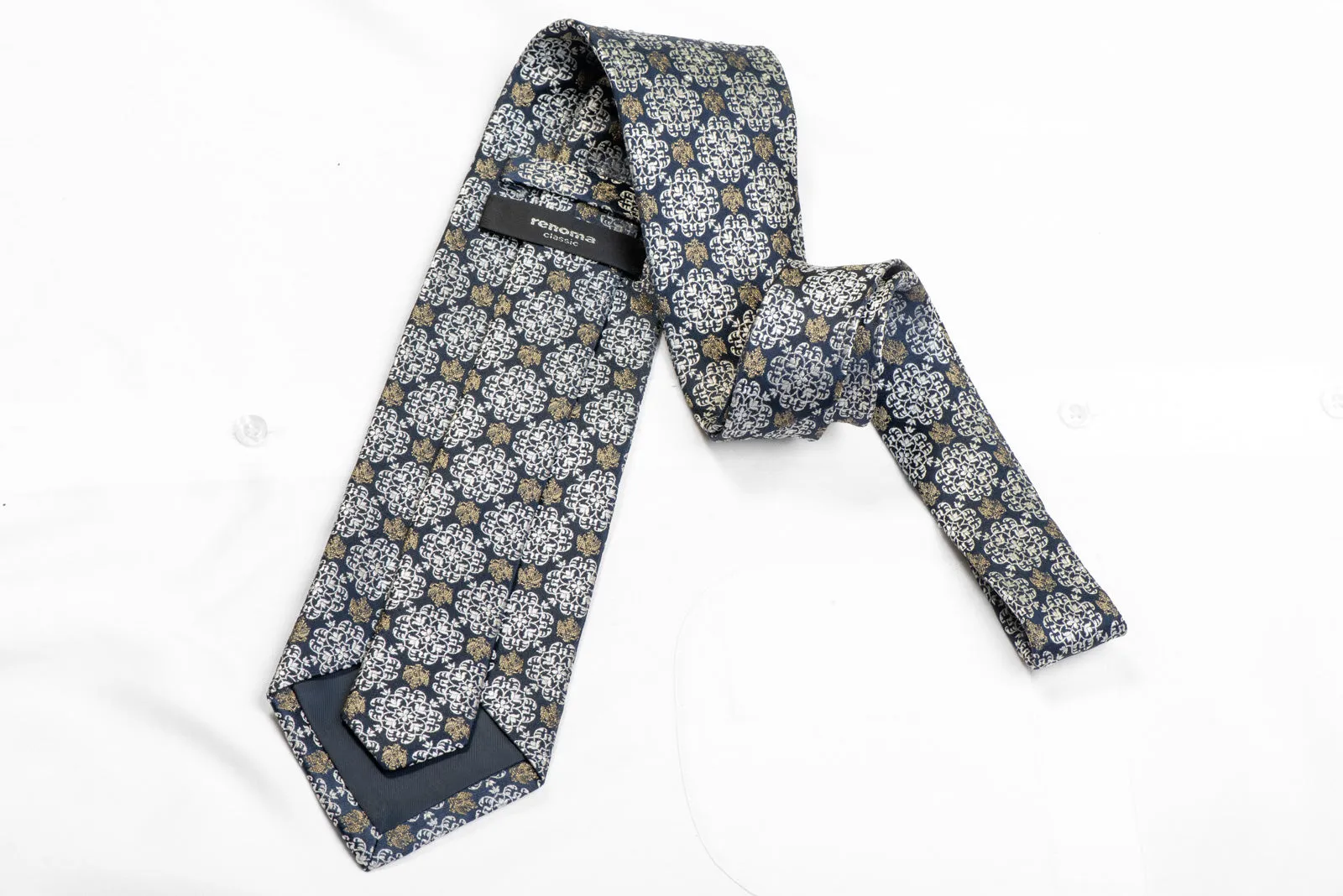 Silver Gold Cartouche On NAvy Rhinestone Silk Necktie With Sparkles