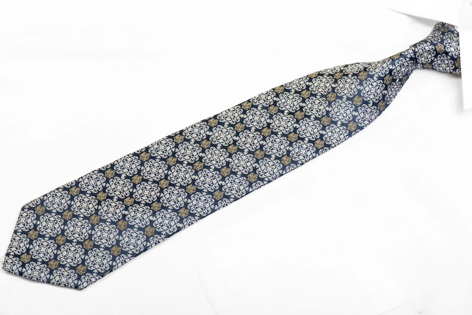 Silver Gold Cartouche On NAvy Rhinestone Silk Necktie With Sparkles
