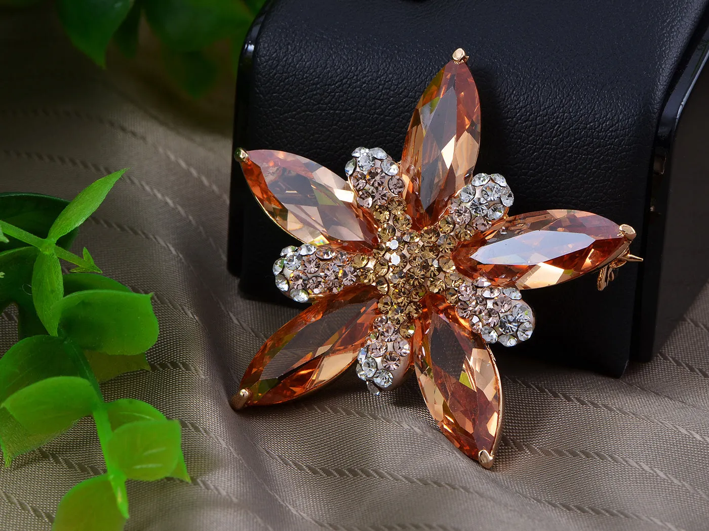 Swarovski Crystal Shine Topaz Pink Star Flower Floral Brooch Pin