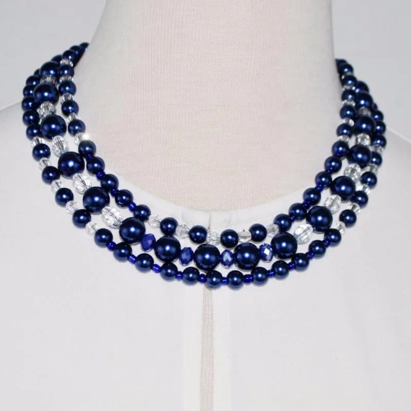 Three Strands Blue Glass Pearls Crystal Necklace