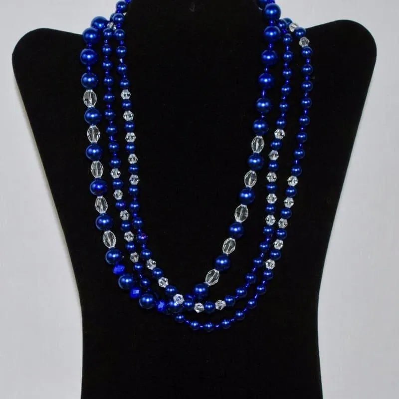 Three Strands Blue Glass Pearls Crystal Necklace