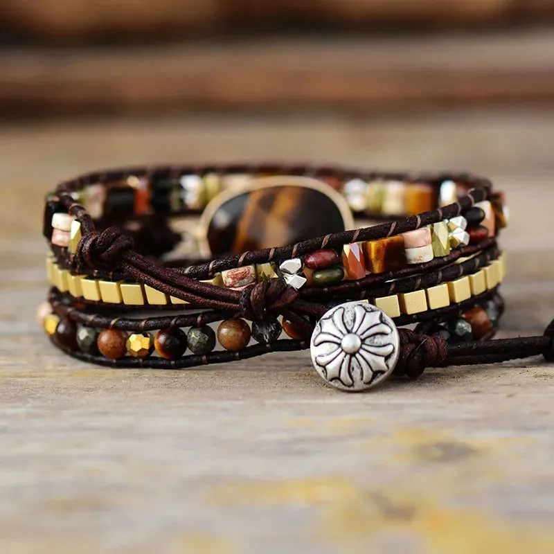Tiger Eye Stone Leather Bracelet