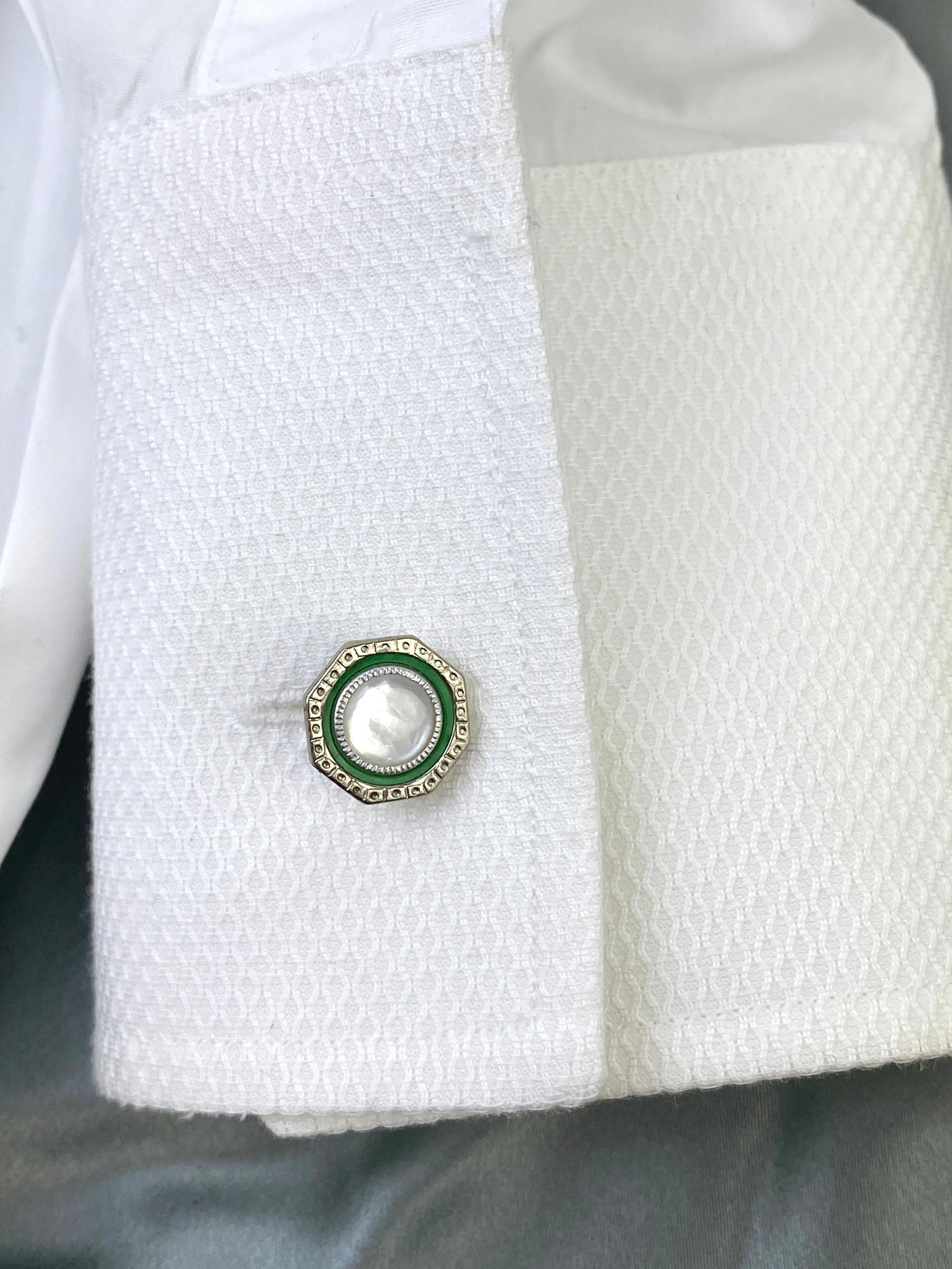 Vintage 1910s Men's Cufflinks, Octagonal Silver & Green Bean-Back, Mother of Pearl