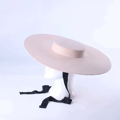 Wide Brim Flat Top Fedora Hat Wool - Pale Pink