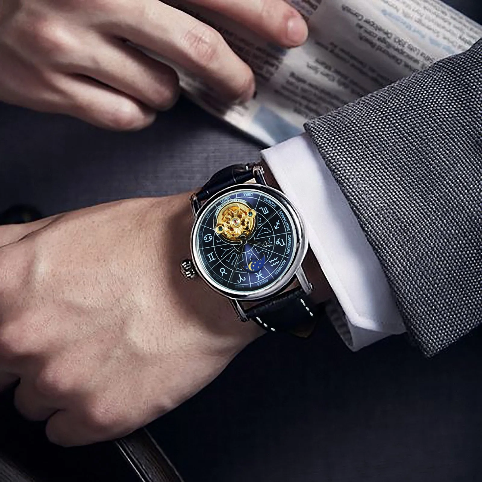 WINNER 12 Zodiac Constellations Astronomical Fashion Automatic Mechanical Watches Luxury Tourbillon Skeleton Business Watch for Men Casual Genuine Leather Belt