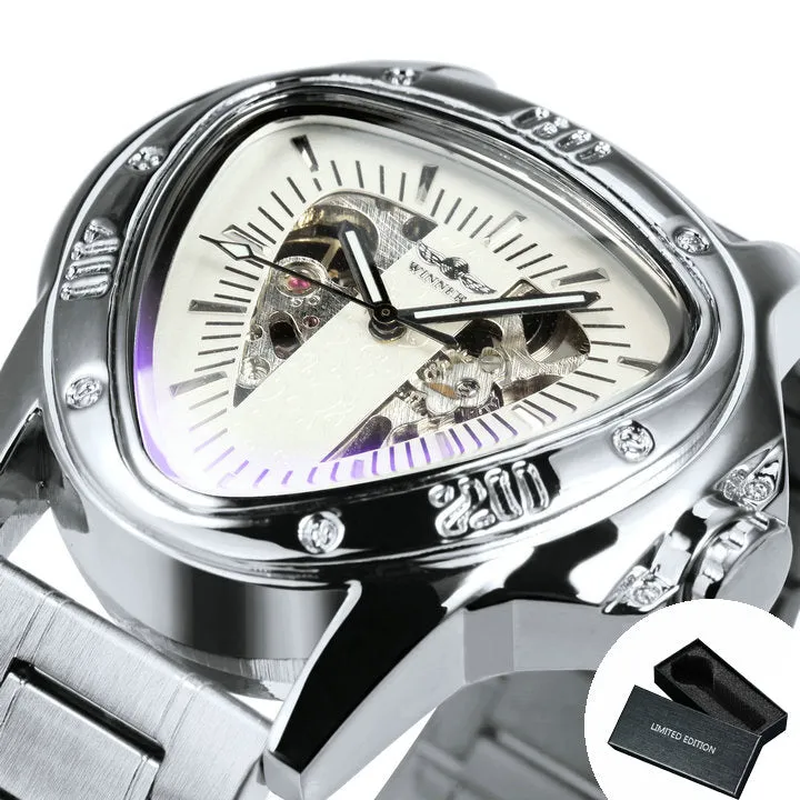 WINNER Gold Triangle Skeleton Automatic Mechanical Watch for Men Stainless Steel Strap Luminous Hands Luxury Watches