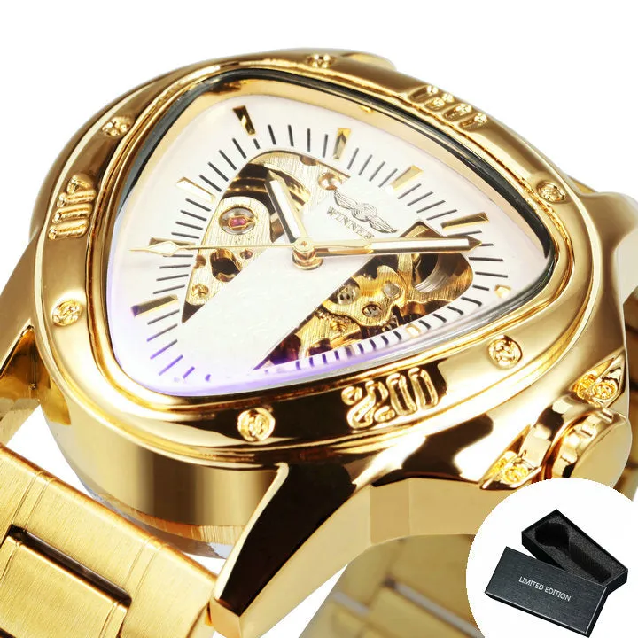 WINNER Gold Triangle Skeleton Automatic Mechanical Watch for Men Stainless Steel Strap Luminous Hands Luxury Watches