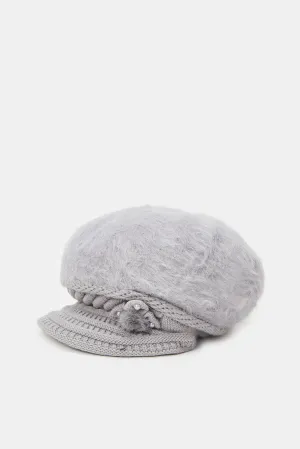 Women Grey Embellished Knitted Cap