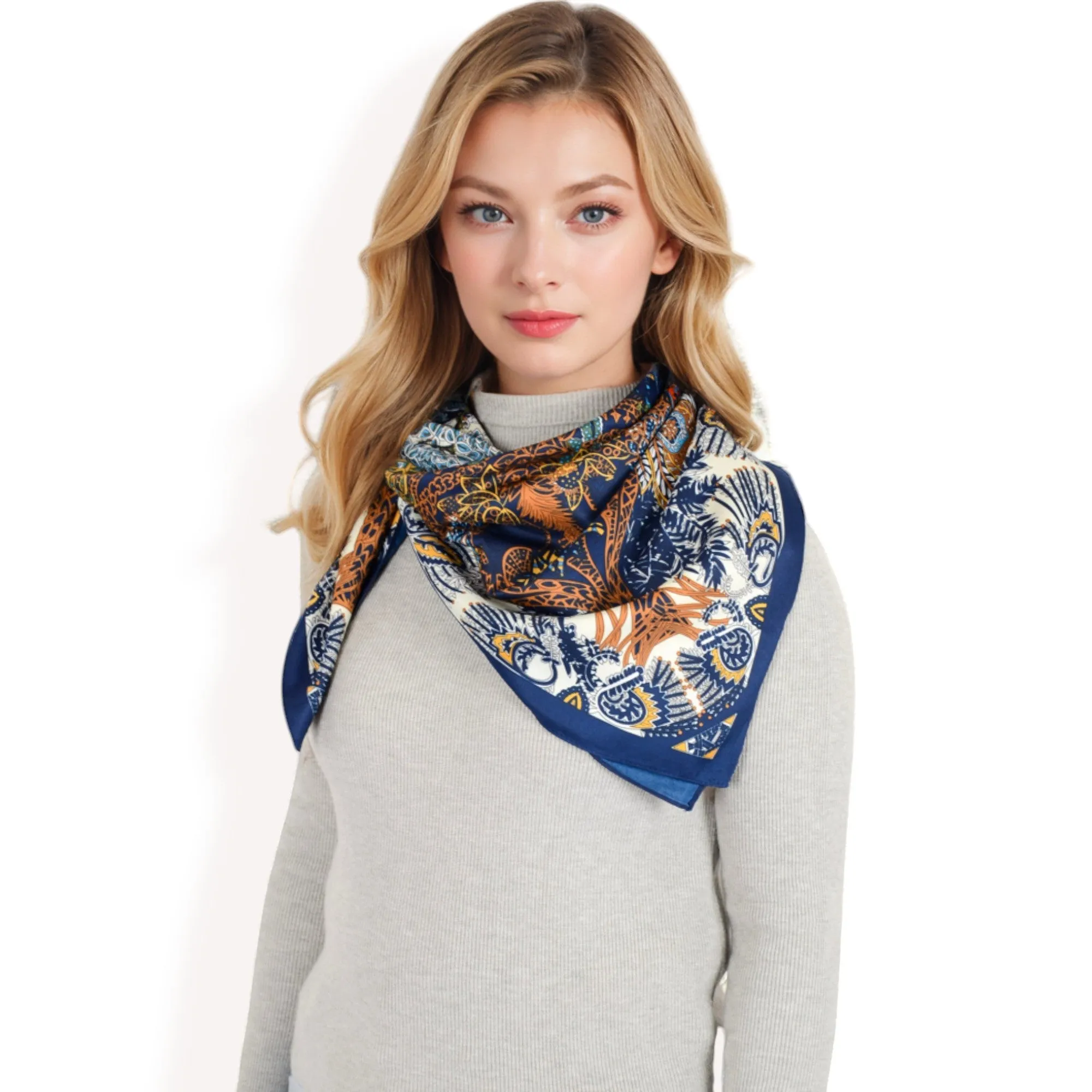 Women's Floral Paisley Satin Silk Scarf with Vibrant Prints and Elegant Square Design
