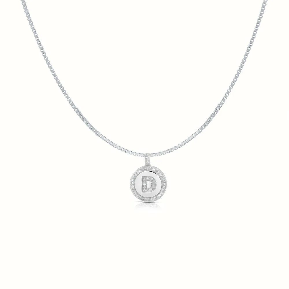 Women's Silver Capital Initial Letter Coin Micro Diamond Necklace Pendant