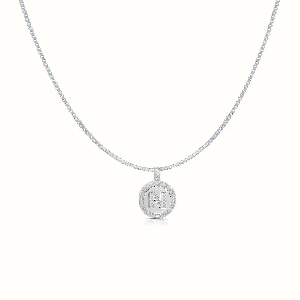 Women's Silver Capital Initial Letter Coin Micro Diamond Necklace Pendant