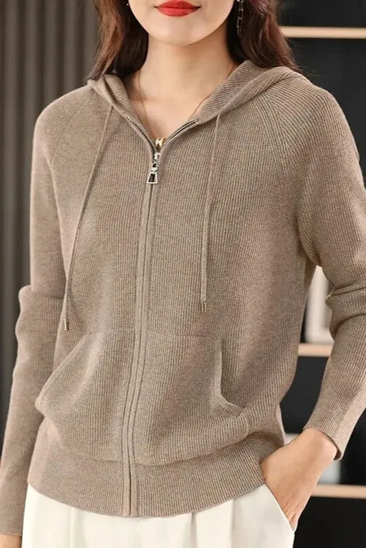 Women's Wool Blend Hooded Sweater – Thick Knitted Zipper Cardigan with Pockets, Autumn Winter Warm Coat